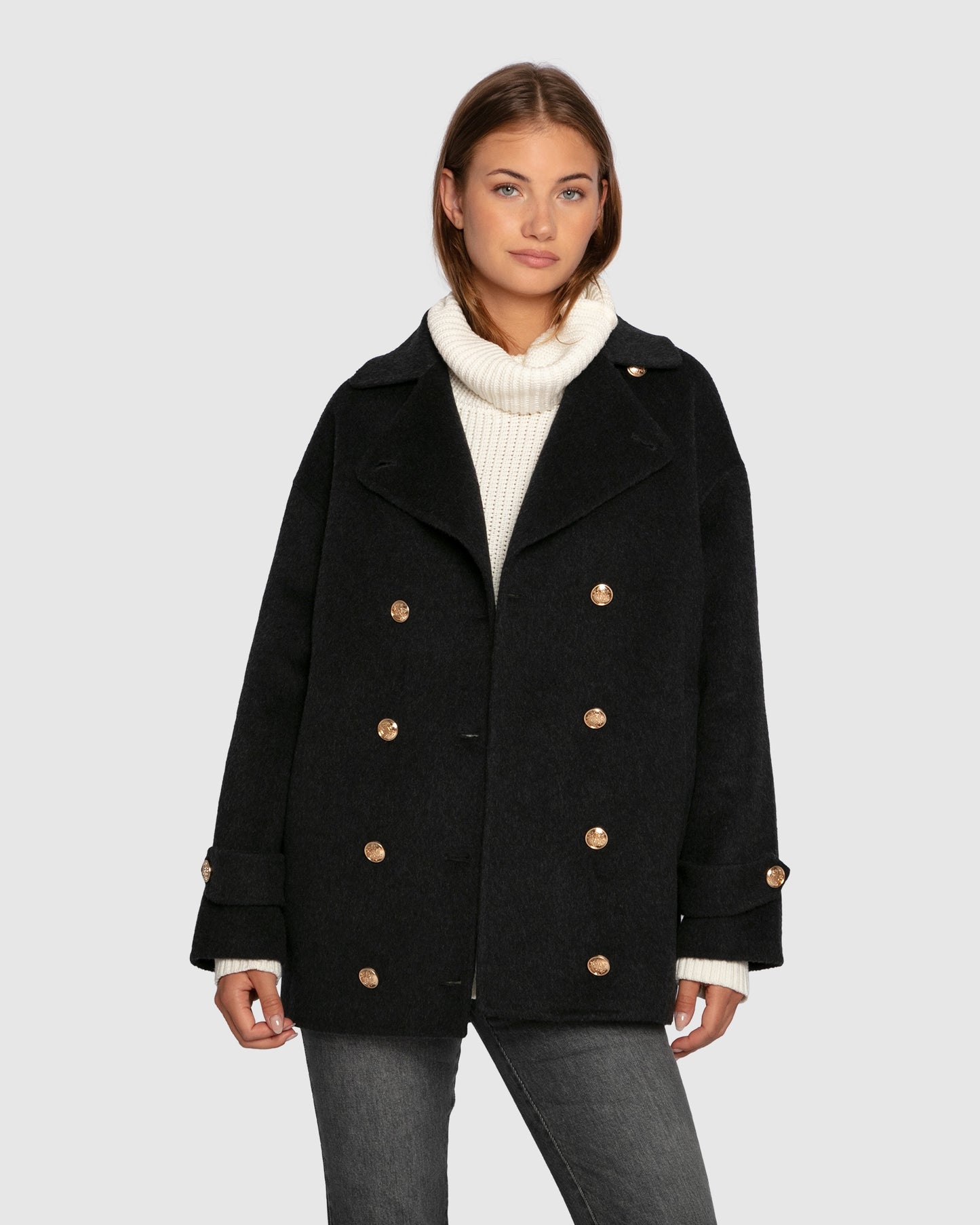 Right and Forward Double Breasted Wool Blend Pea Coat - Charcoal