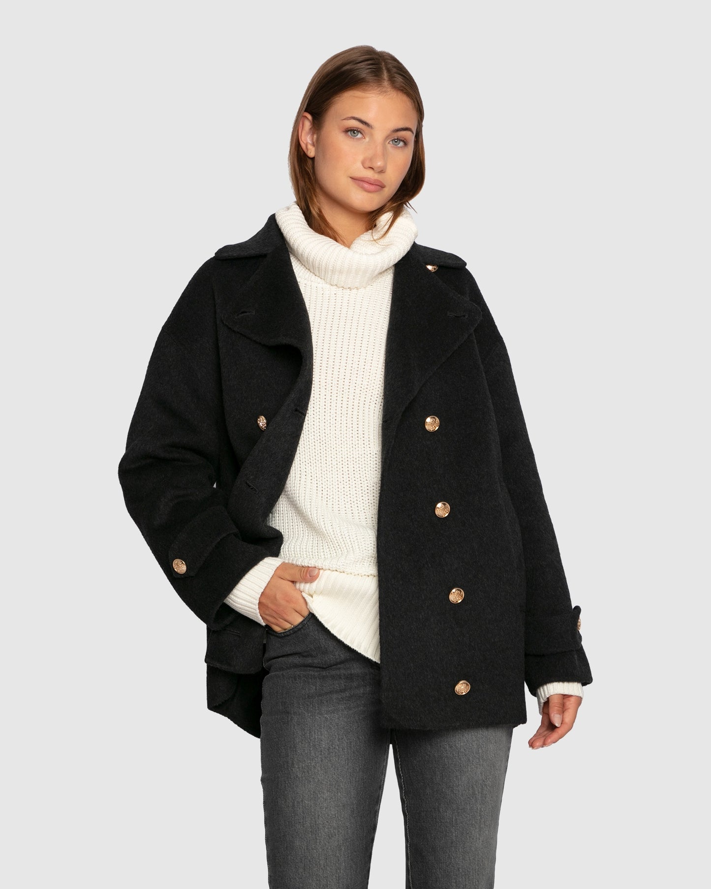 Right and Forward Double Breasted Wool Blend Pea Coat - Charcoal