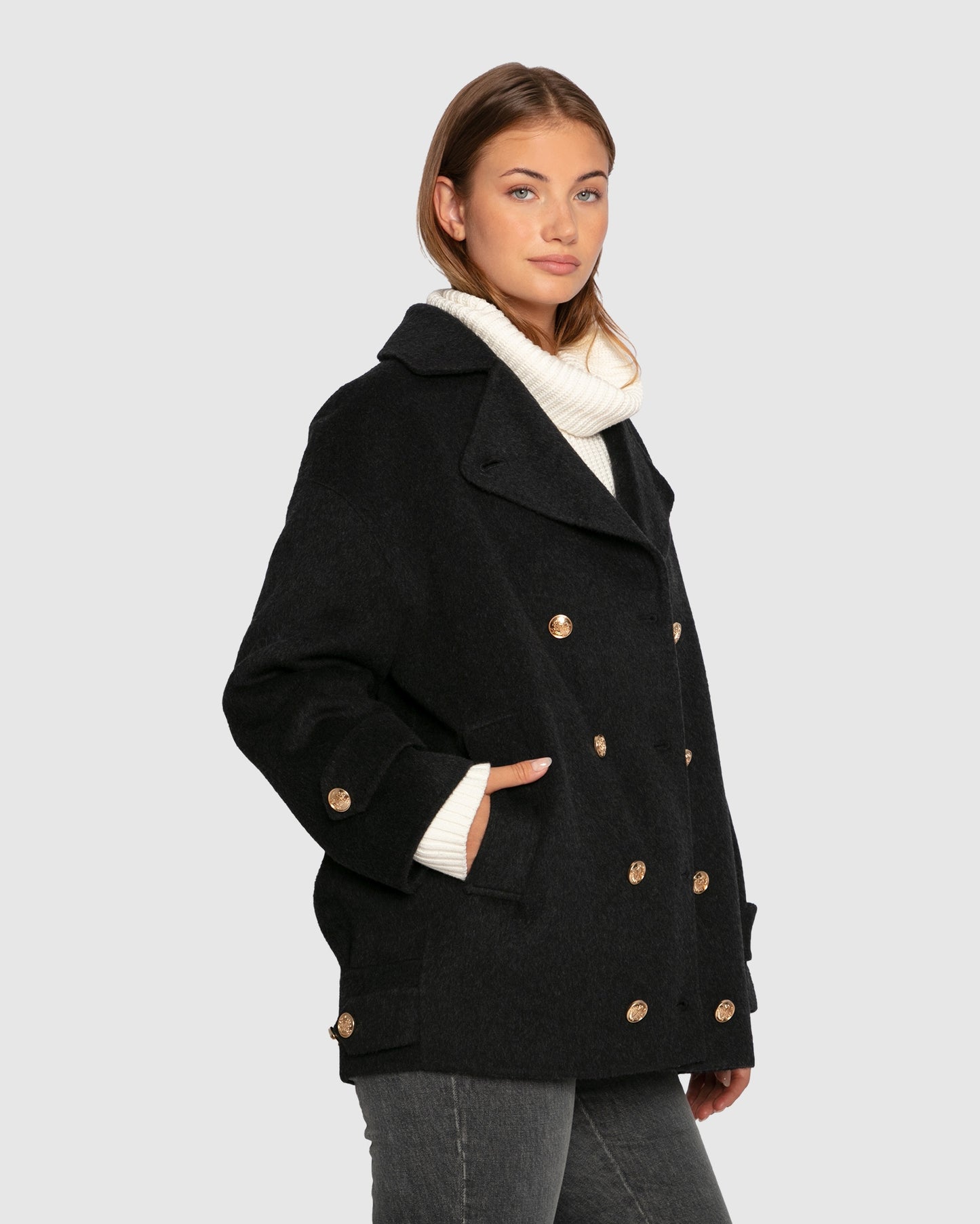 Right and Forward Double Breasted Wool Blend Pea Coat - Charcoal