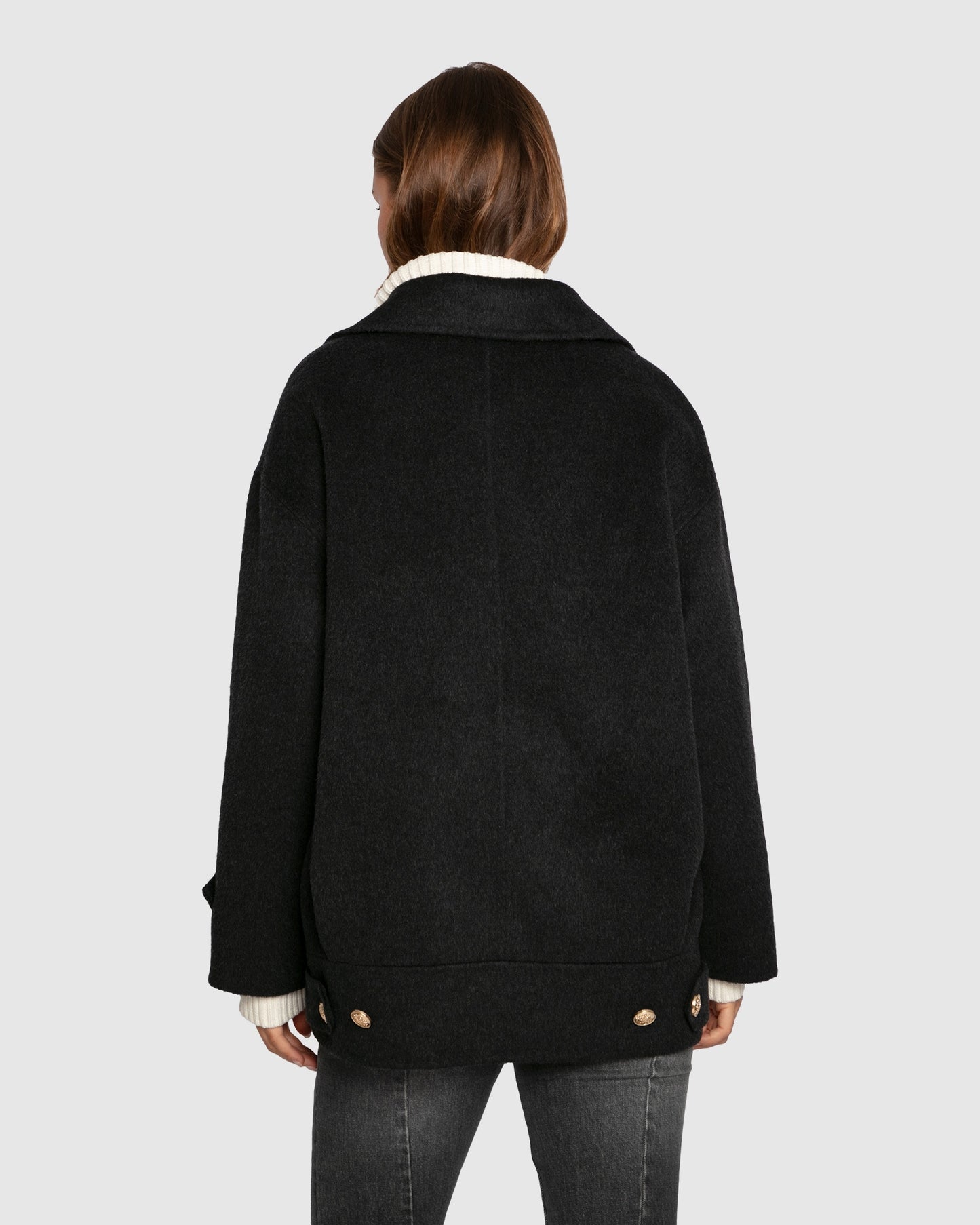 Right and Forward Double Breasted Wool Blend Pea Coat - Charcoal