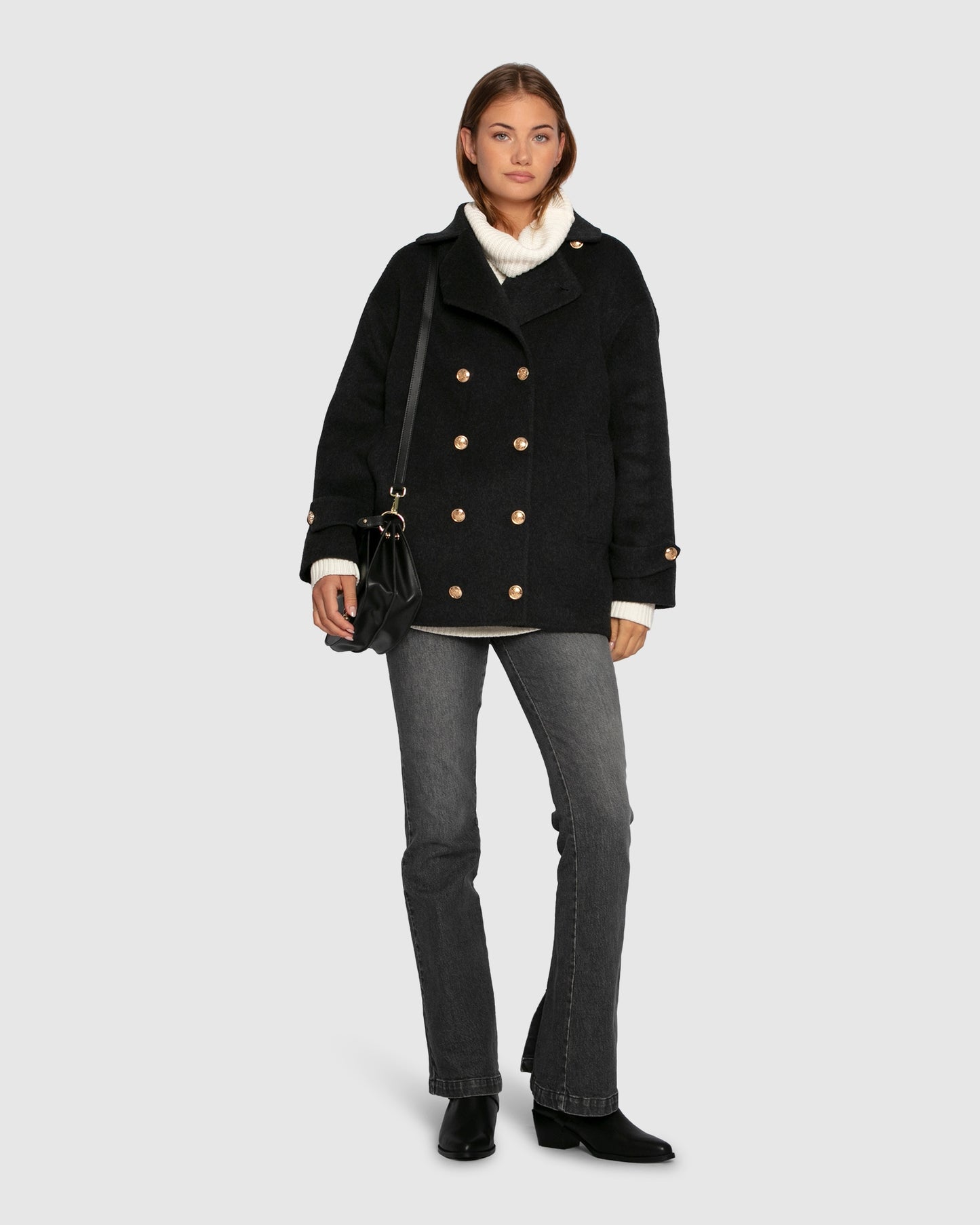 Right and Forward Double Breasted Wool Blend Pea Coat - Charcoal