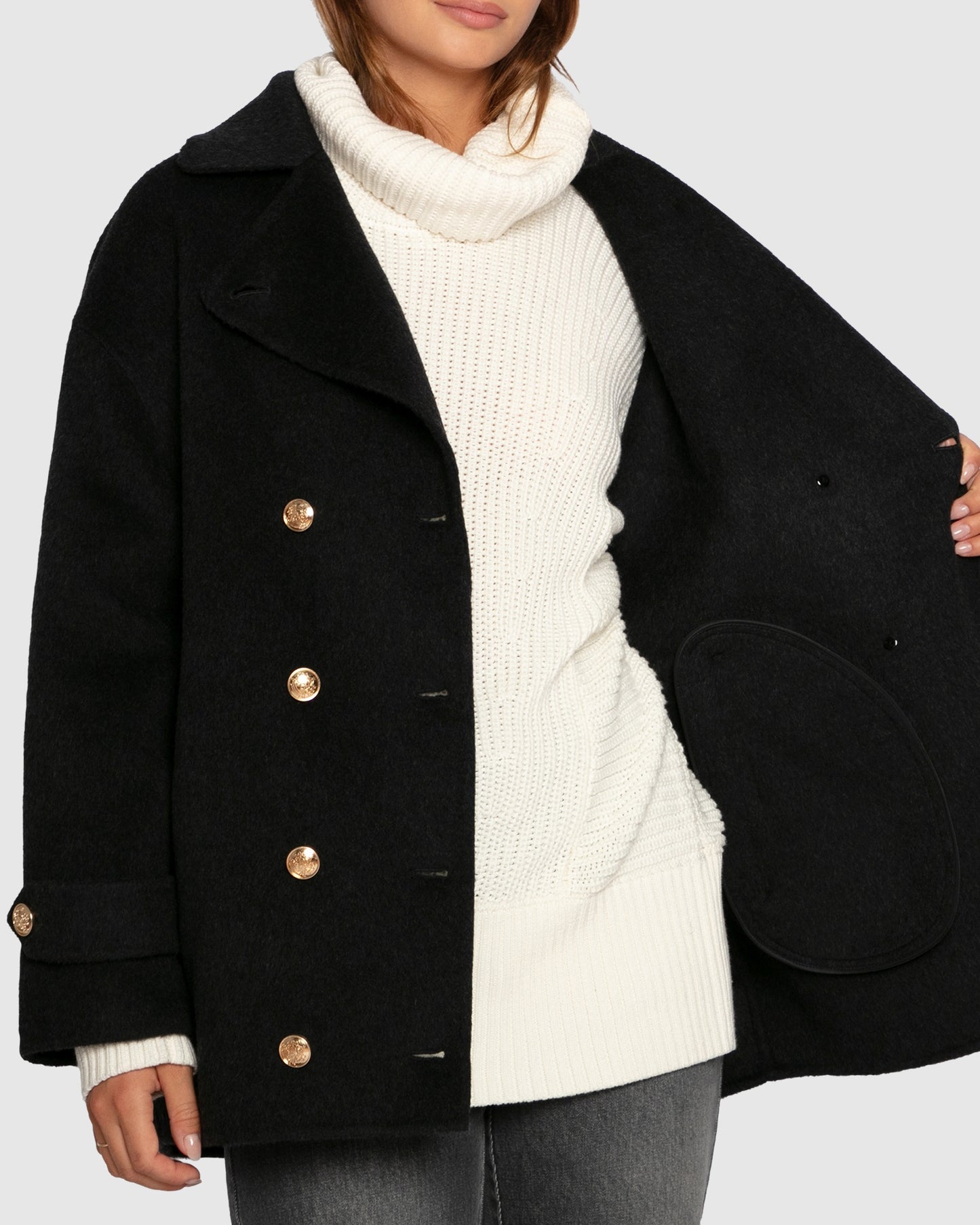 Right and Forward Double Breasted Wool Blend Pea Coat - Charcoal