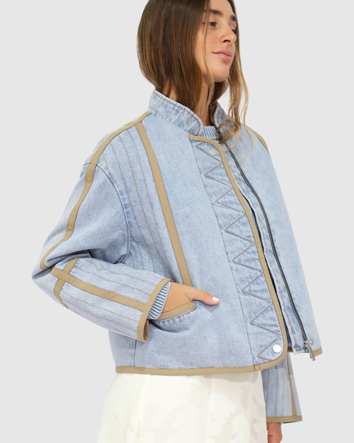 Free And Forward Quilted Denim Jacket - Light Denim Wash