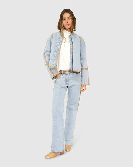 Free And Forward Quilted Denim Jacket - Light Denim Wash