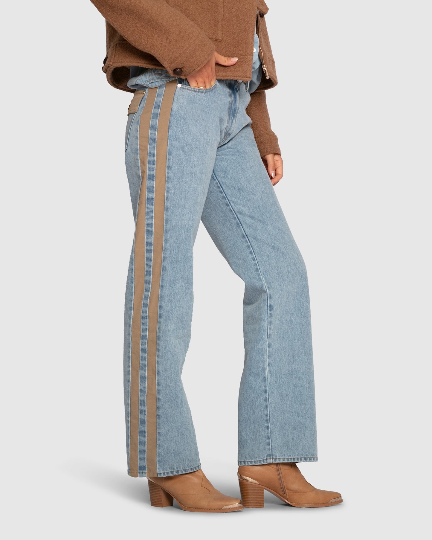 Rebel Mid Rise Side Stripe Denim Jeans - Light Denim Wash
