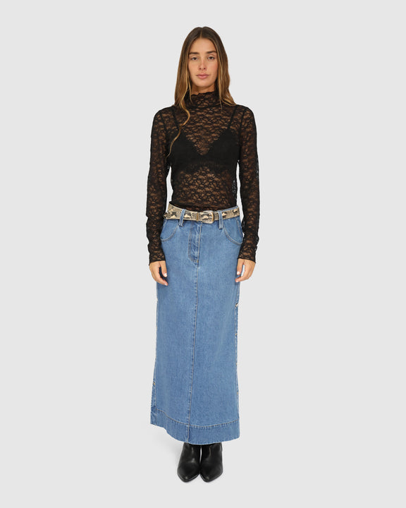 Edge Line Denim Maxi Skirt with Side Buttons - Mid Denim Wash