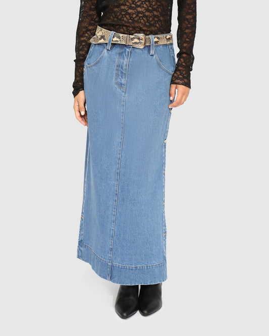 Edge Line Denim Maxi Skirt with Side Buttons - Mid Denim Wash