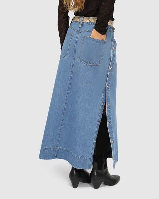 Edge Line Denim Maxi Skirt with Side Buttons - Mid Denim Wash
