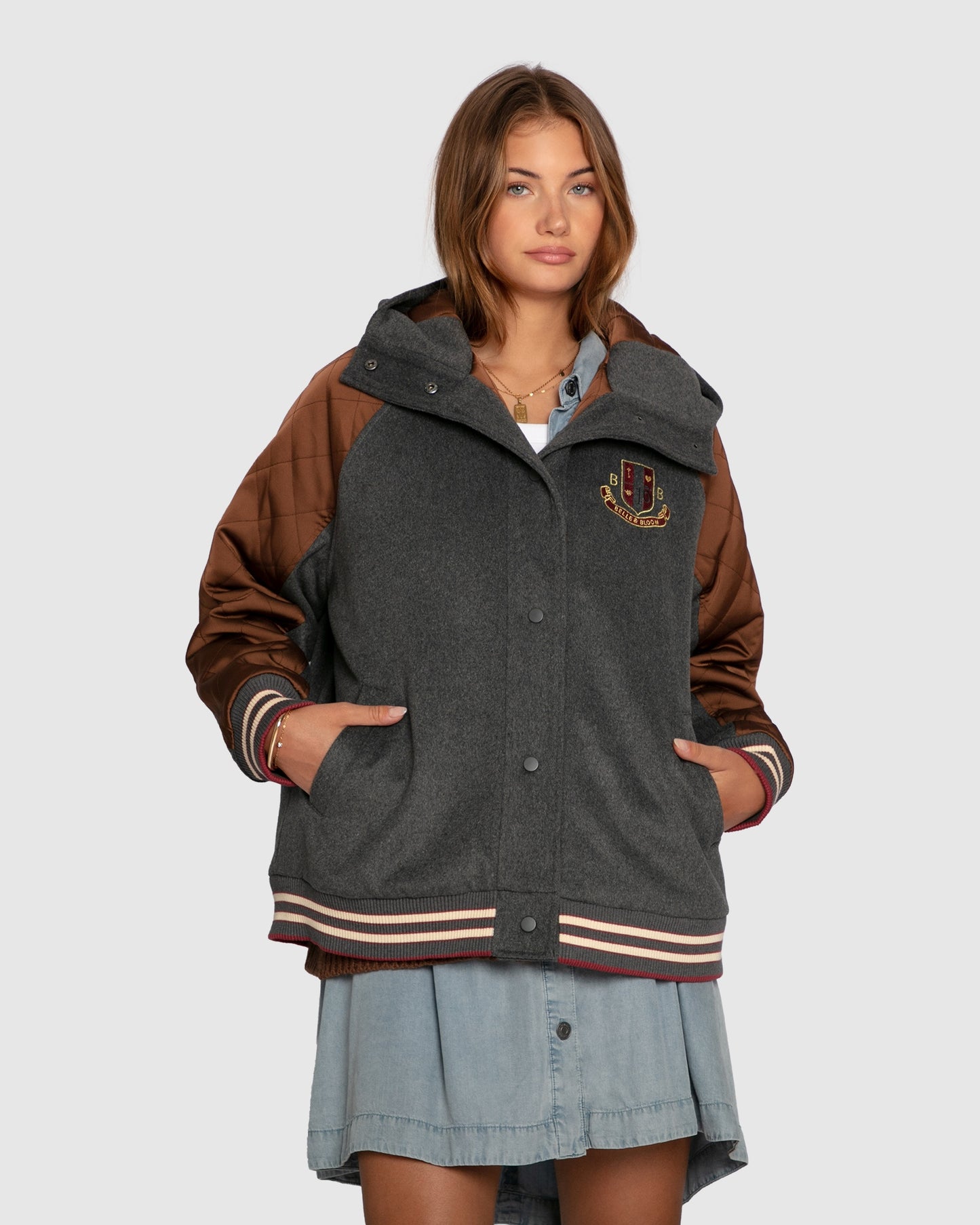 Remix Bomber Varsity Jacket - Grey Melange