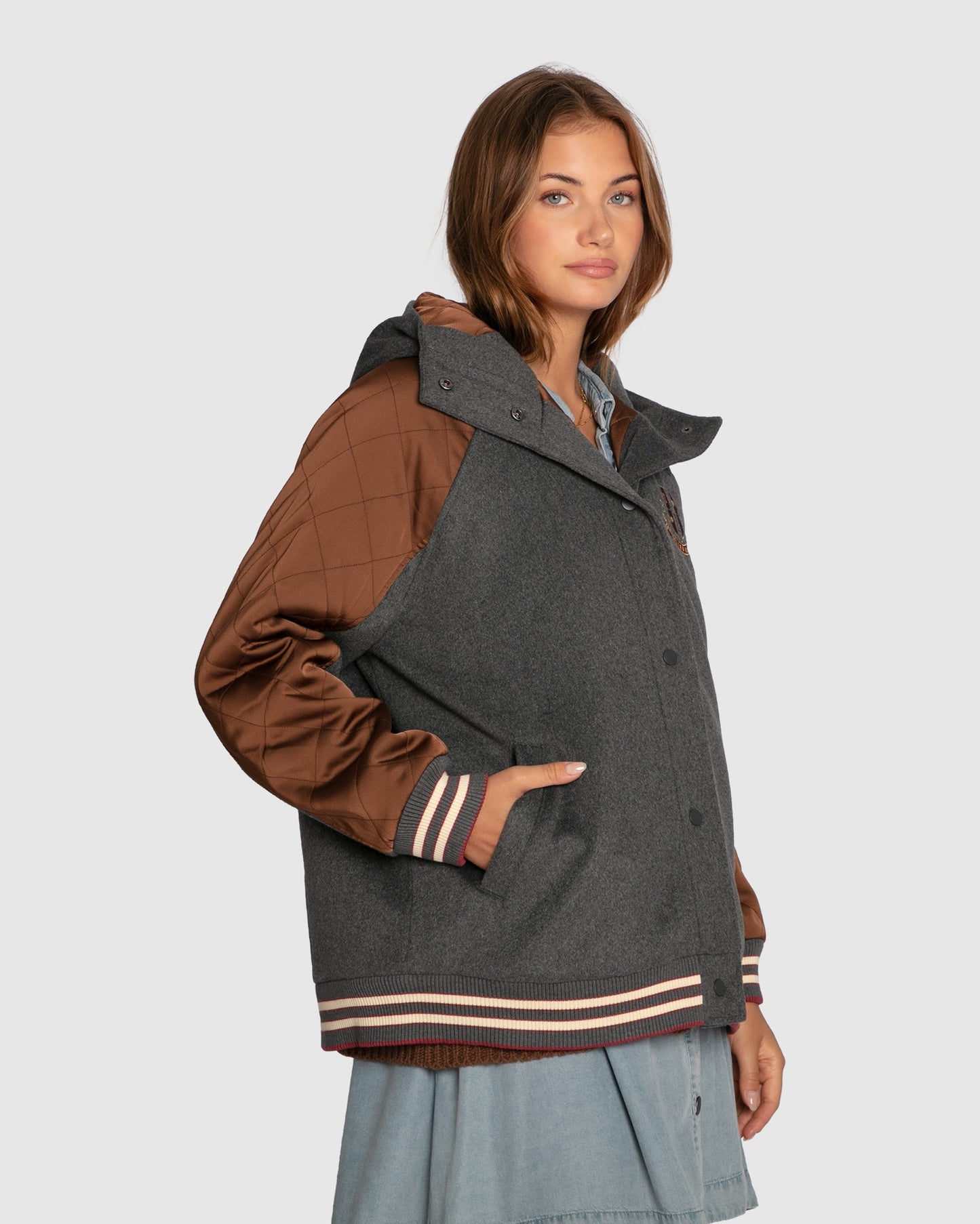 Remix Bomber Varsity Jacket - Grey Melange