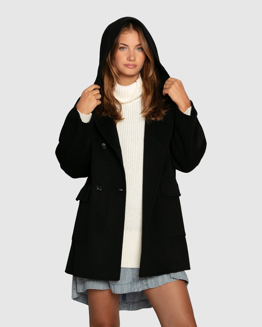 Coastal Edit Hooded Wool Blend Coat - Black