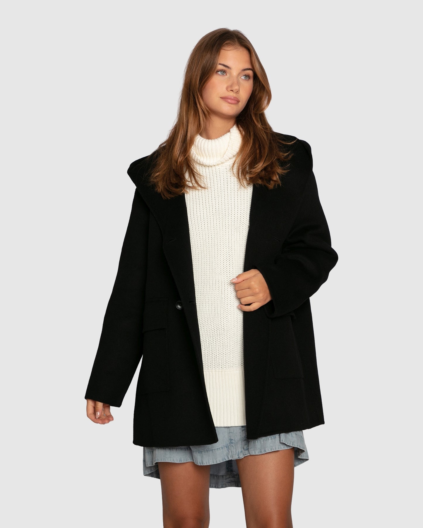 Coastal Edit Hooded Wool Blend Coat - Black