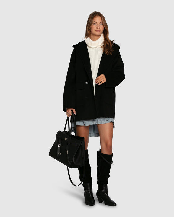 Coastal Edit Hooded Wool Blend Coat - Black