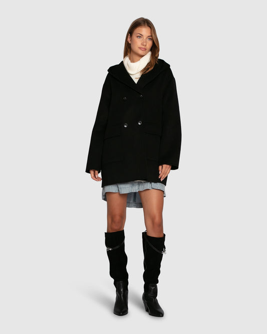 Coastal Edit Hooded Wool Blend Coat - Black