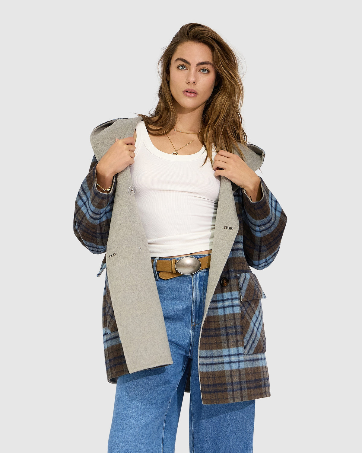 Coastal Edit Hooded Wool Blend Coat - Check
