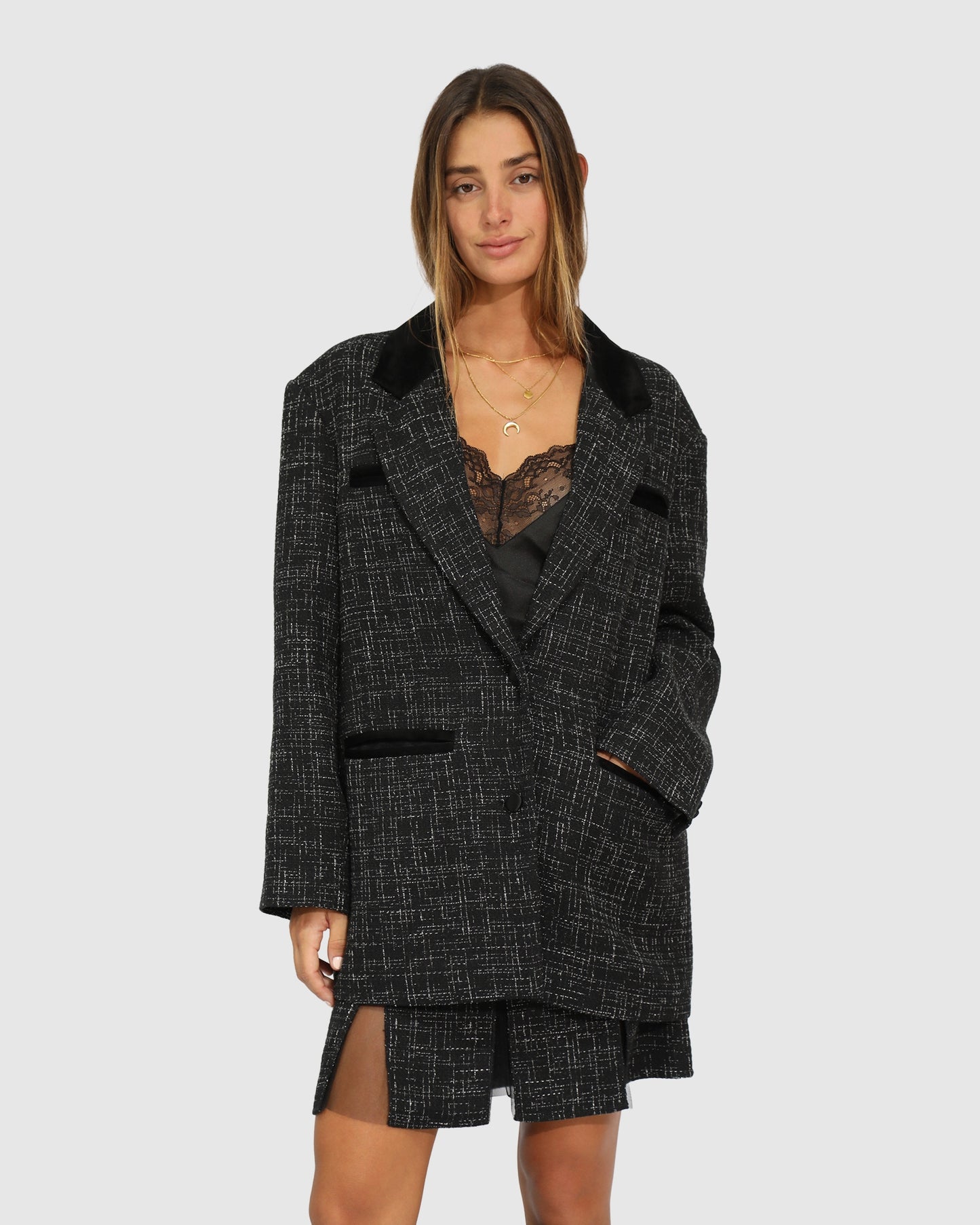 City Noir Tweed Oversized Blazer - Black