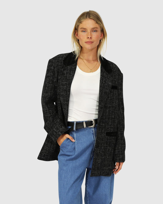 City Noir Tweed Oversized Blazer - Black
