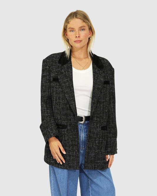 City Noir Tweed Oversized Blazer - Black