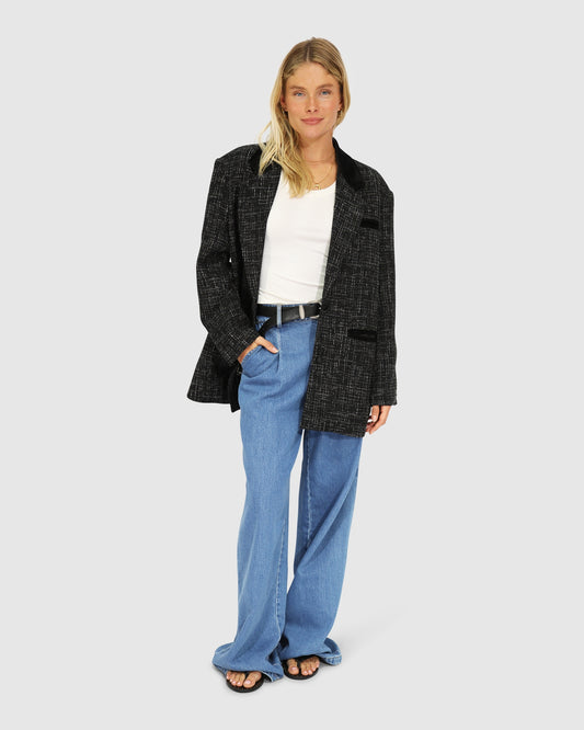 City Noir Tweed Oversized Blazer - Black