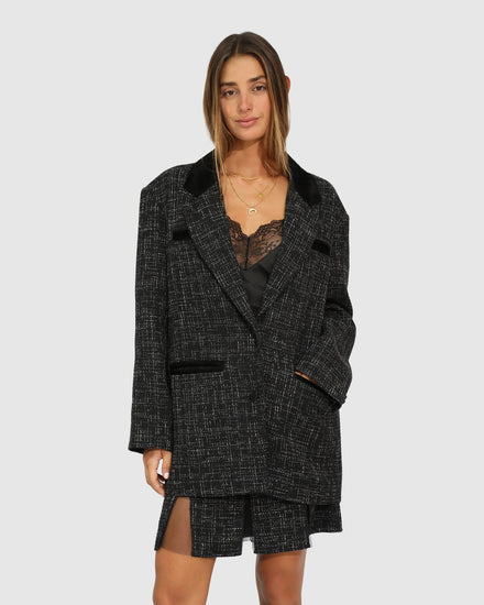 City Noir Tweed Oversized Blazer - Black