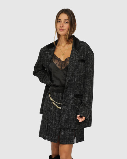 City Noir Tweed Oversized Blazer - Black