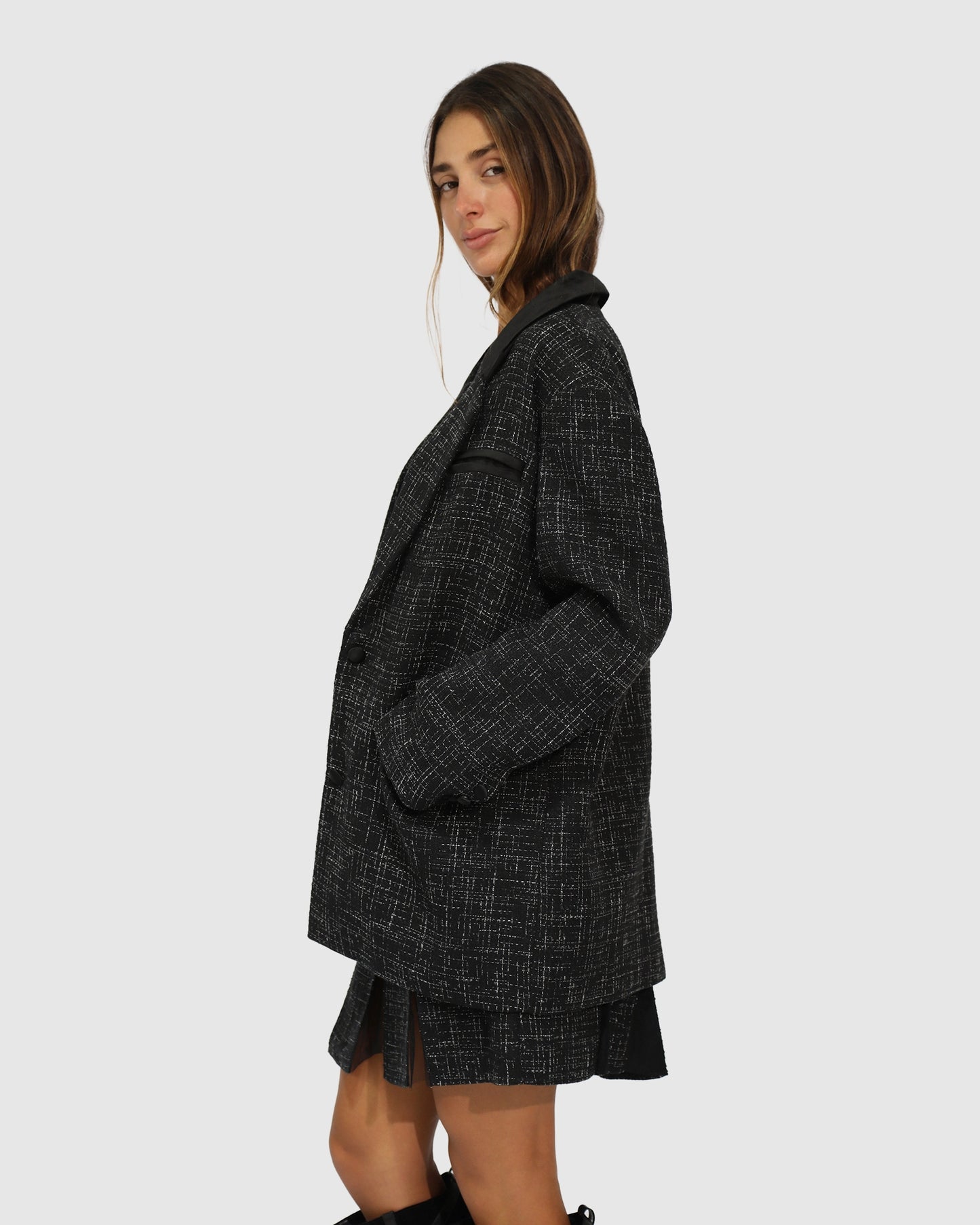 City Noir Tweed Oversized Blazer - Black