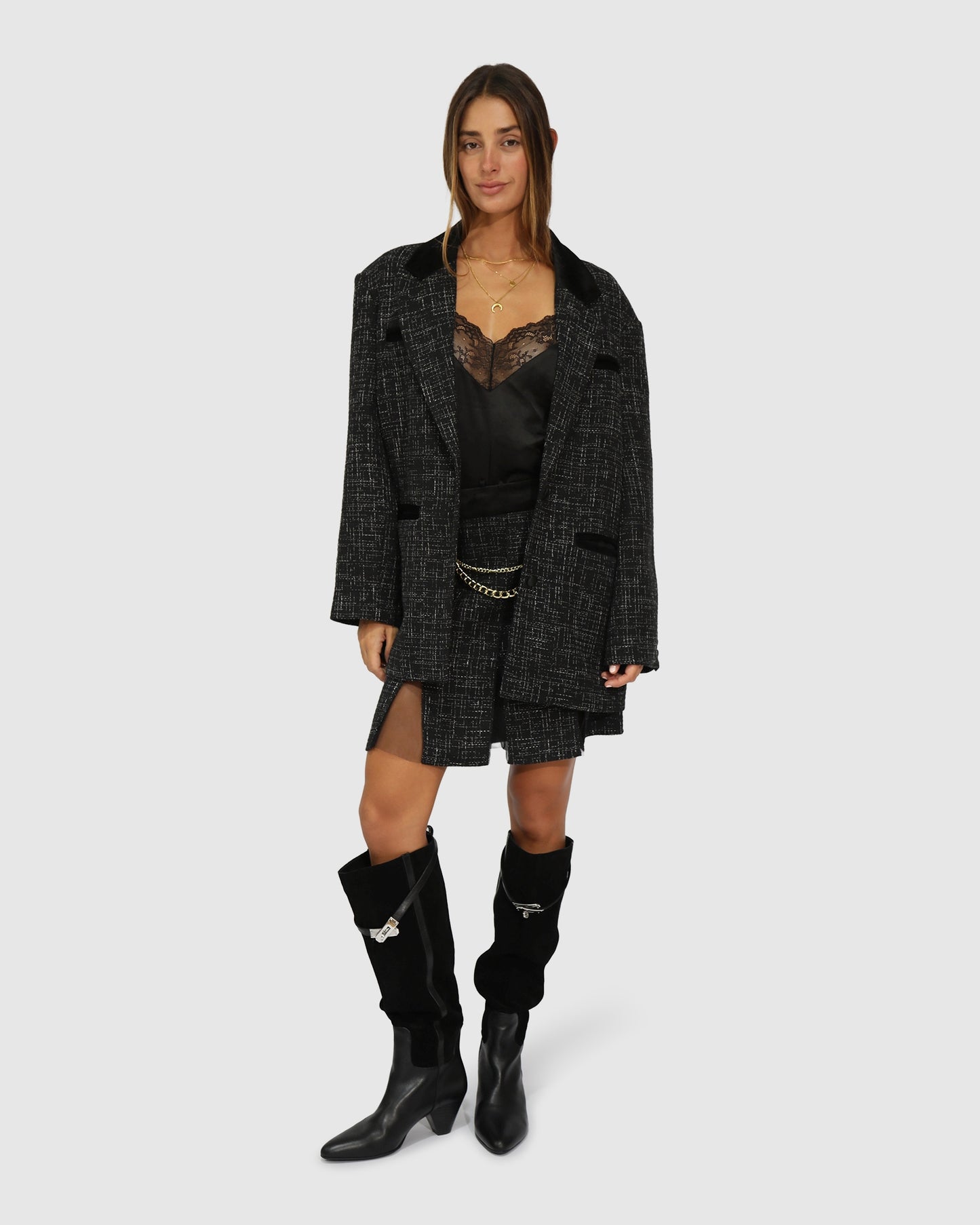 City Noir Tweed Oversized Blazer - Black