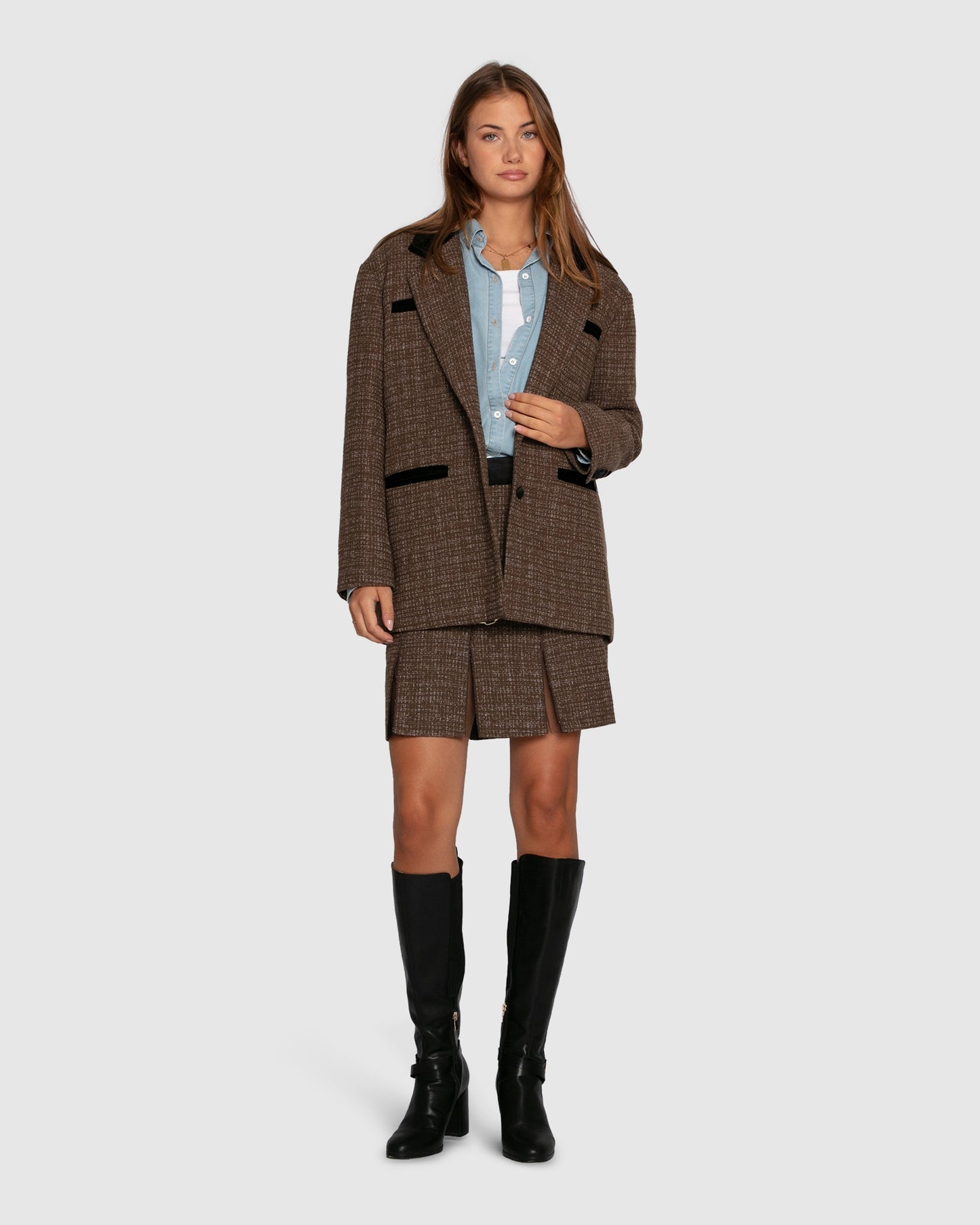City Noir Tweed Oversized Blazer - Dark Khaki