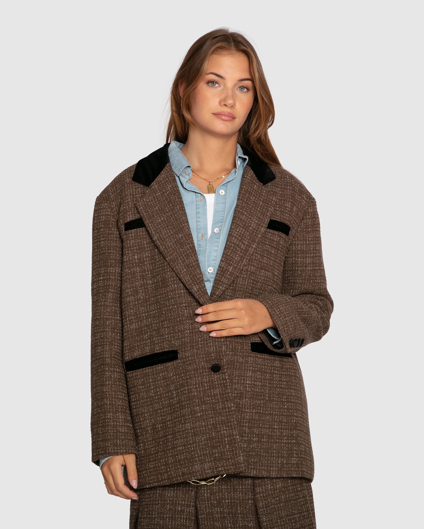 City Noir Tweed Oversized Blazer - Dark Khaki