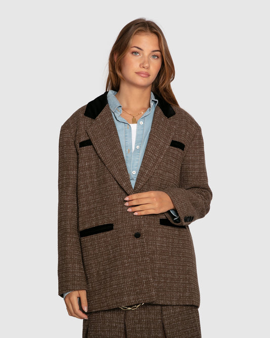City Noir Tweed Oversized Blazer - Dark Khaki