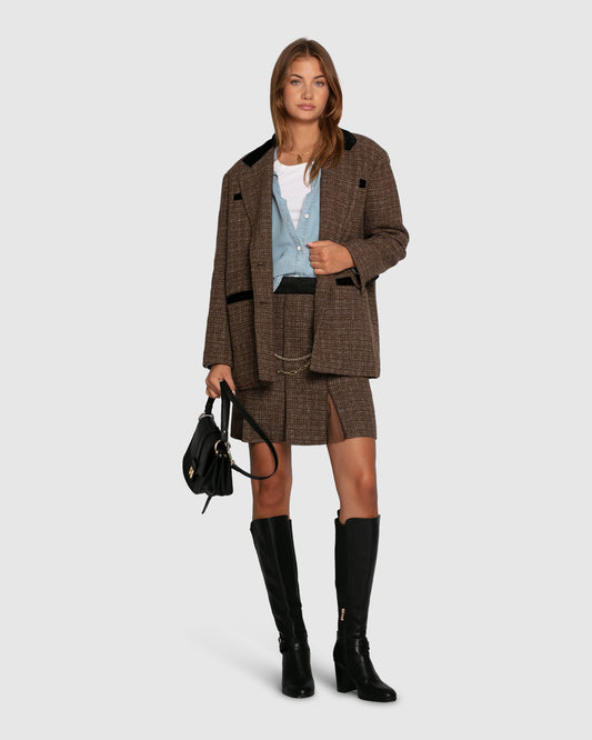 City Noir Tweed Oversized Blazer - Dark Khaki