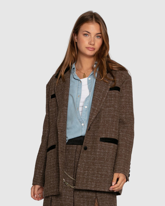 City Noir Tweed Oversized Blazer - Dark Khaki