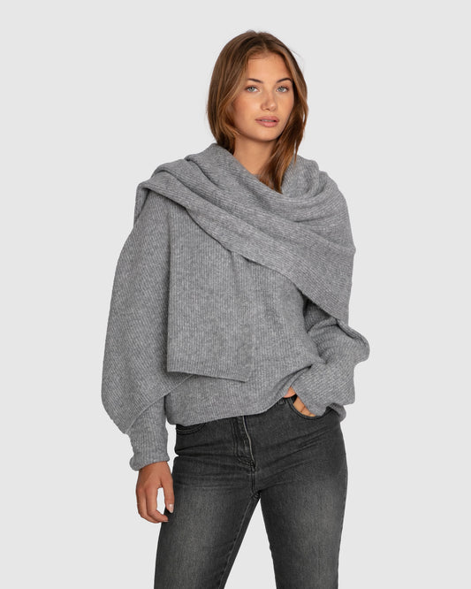Wrap Me Up Scarf Sweater - Grey Melange