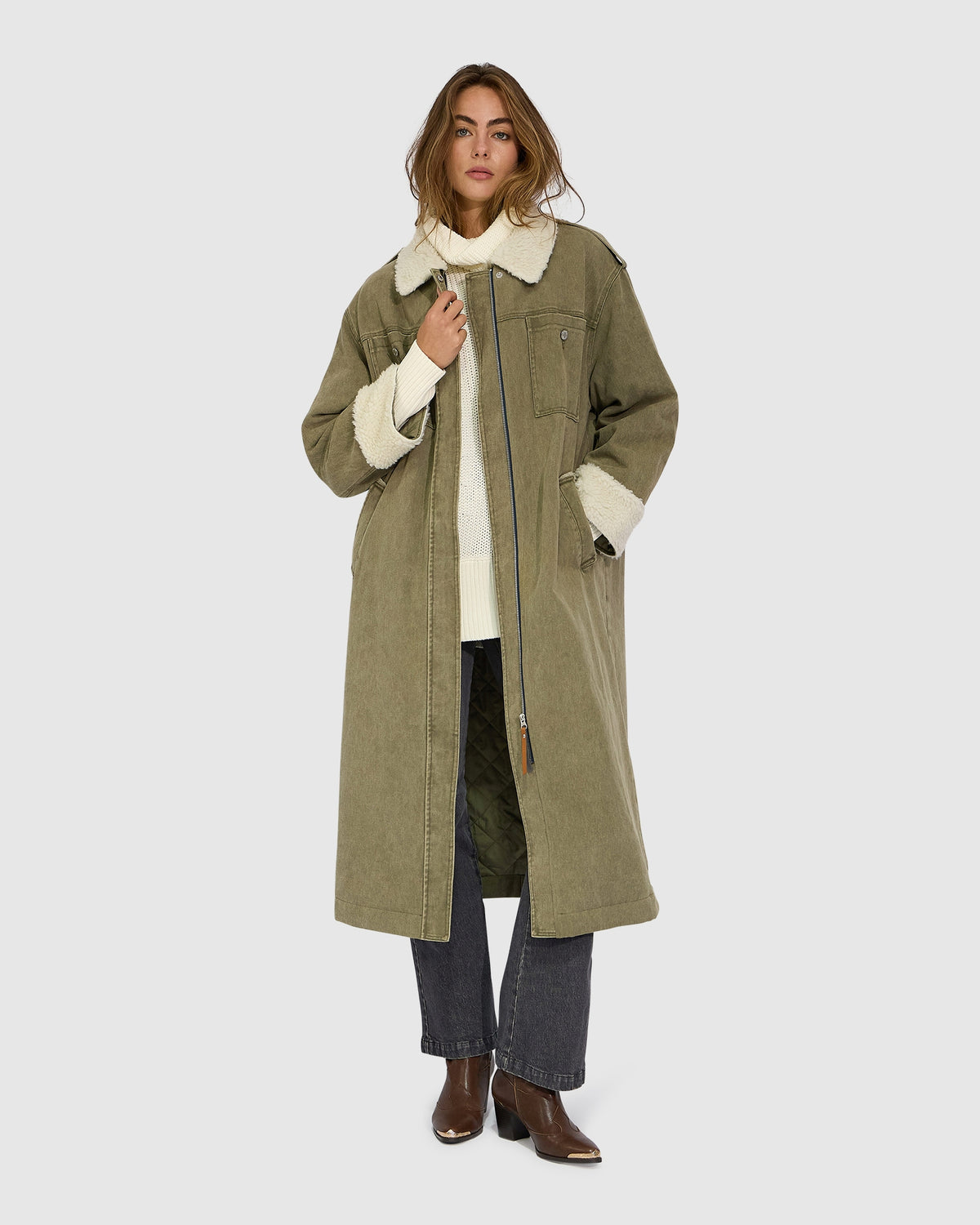 Chill Rider Denim Shearling Coat - Olive