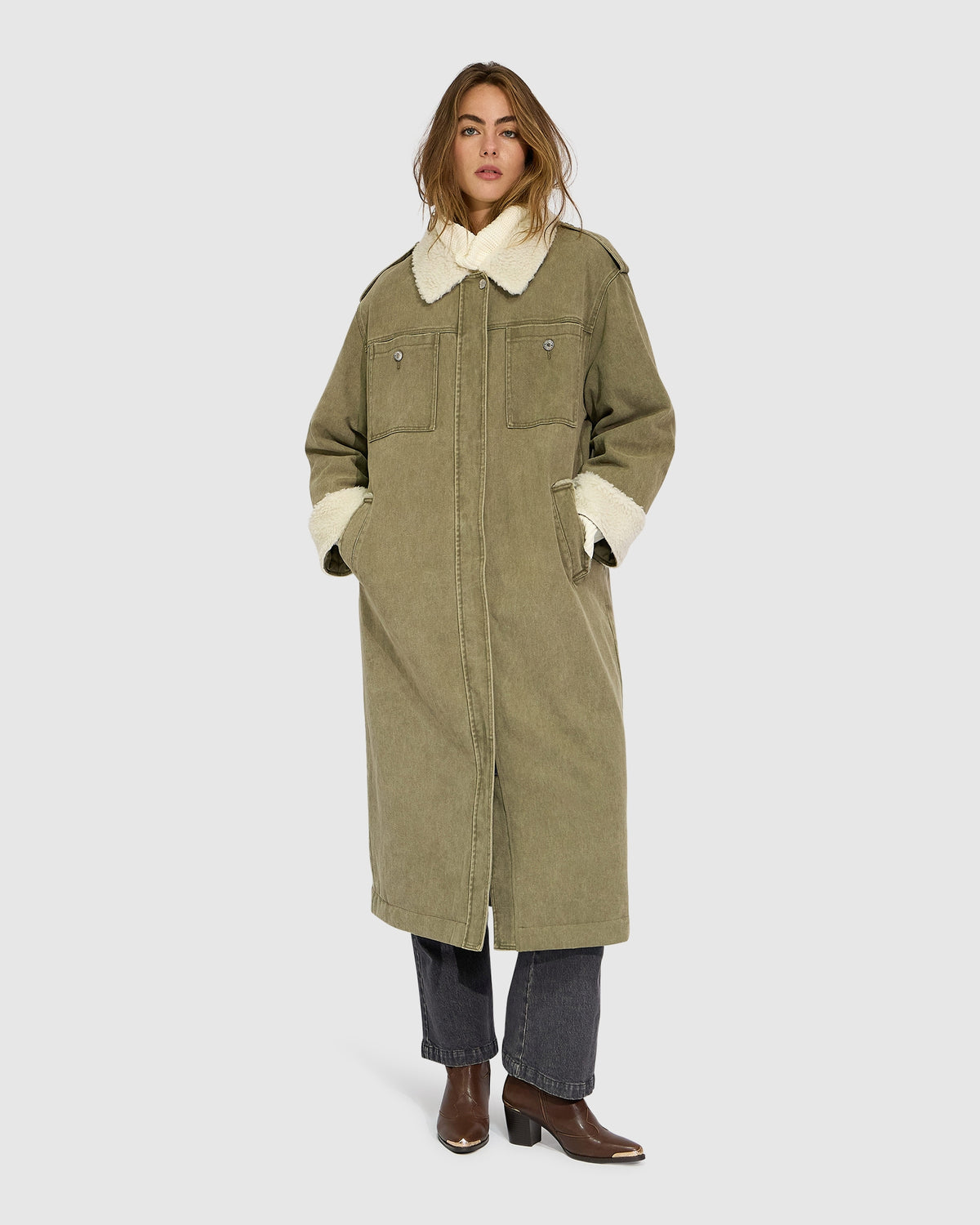Chill Rider Denim Shearling Coat - Olive