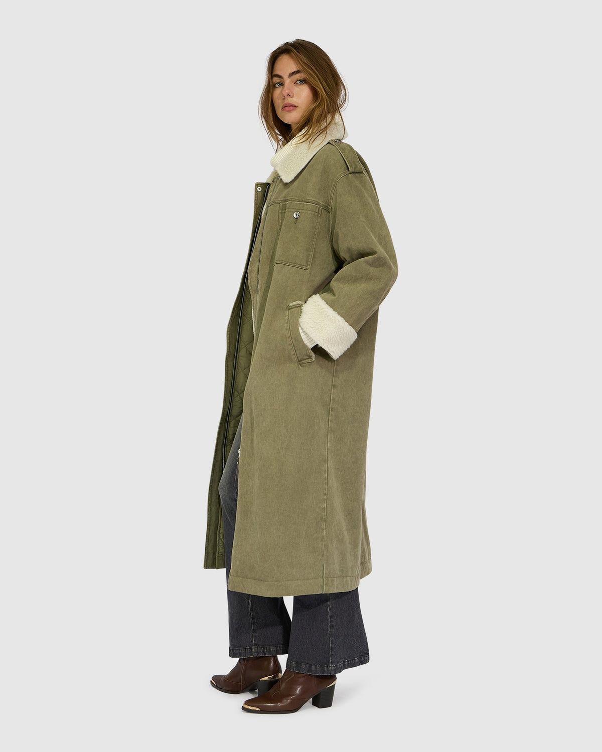 Chill Rider Denim Shearling Coat - Olive
