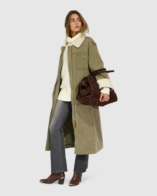 Chill Rider Denim Shearling Coat - Olive