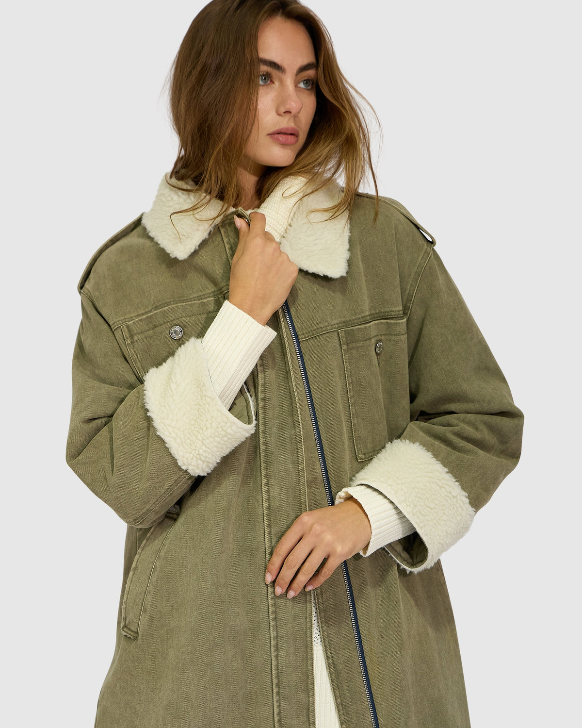 Chill Rider Denim Shearling Coat - Olive