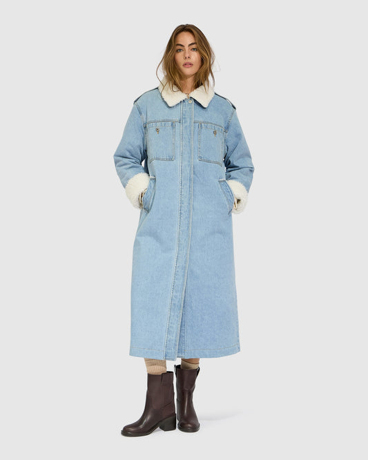 Chill Rider Denim Shearling Coat - Stonewash
