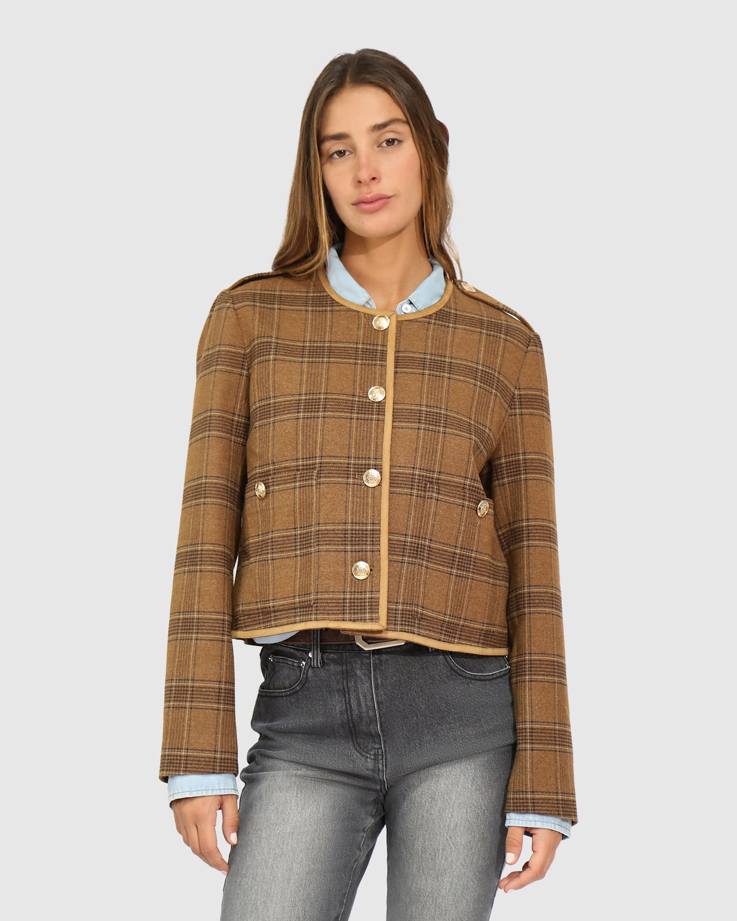 Dynasty Boxy Paisley Jacket - Caramel/Black Check