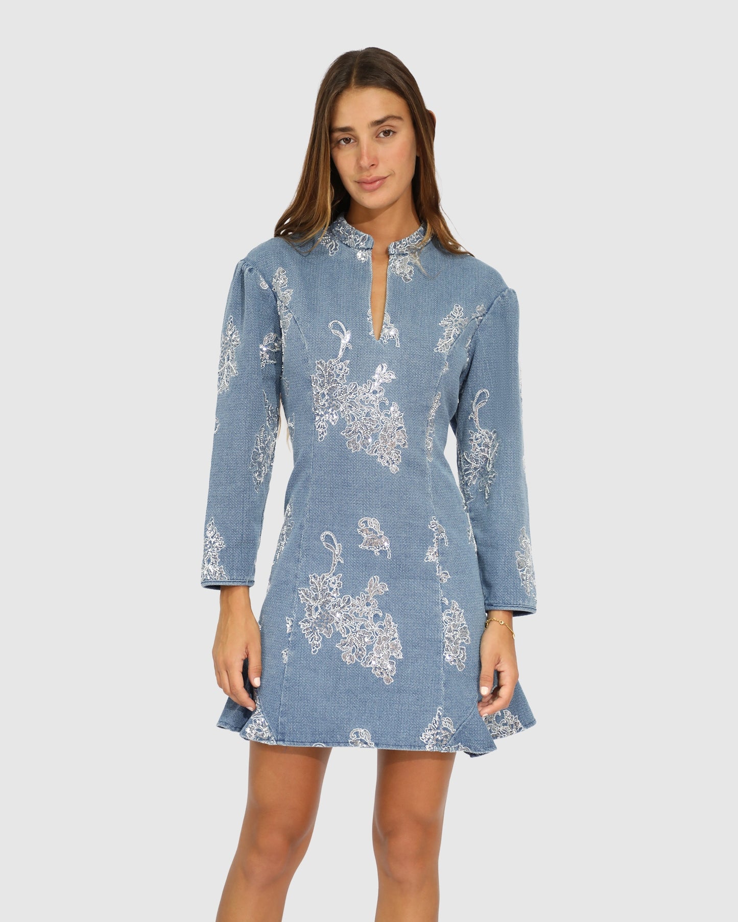 Heart You Denim Beaded Mini Dress - Medium Denim Wash