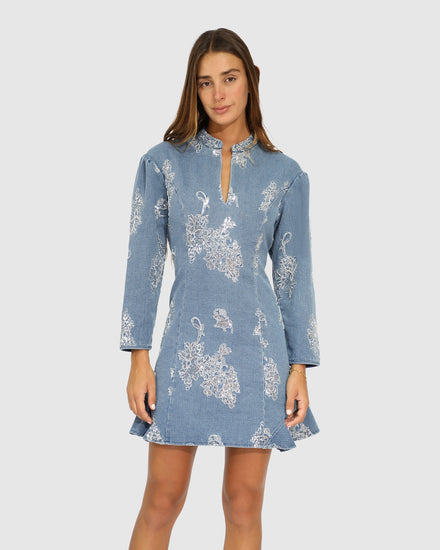Heart You Denim Beaded Mini Dress - Medium Denim Wash