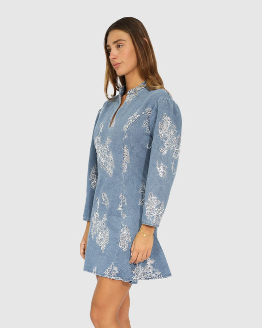 Heart You Denim Beaded Mini Dress - Medium Denim Wash