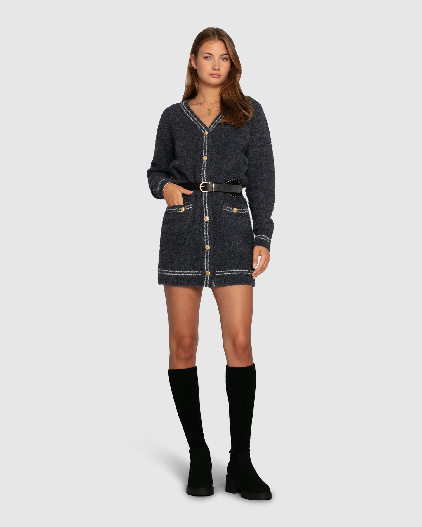 Cute In This Mini Cardigan Dress - Charcoal