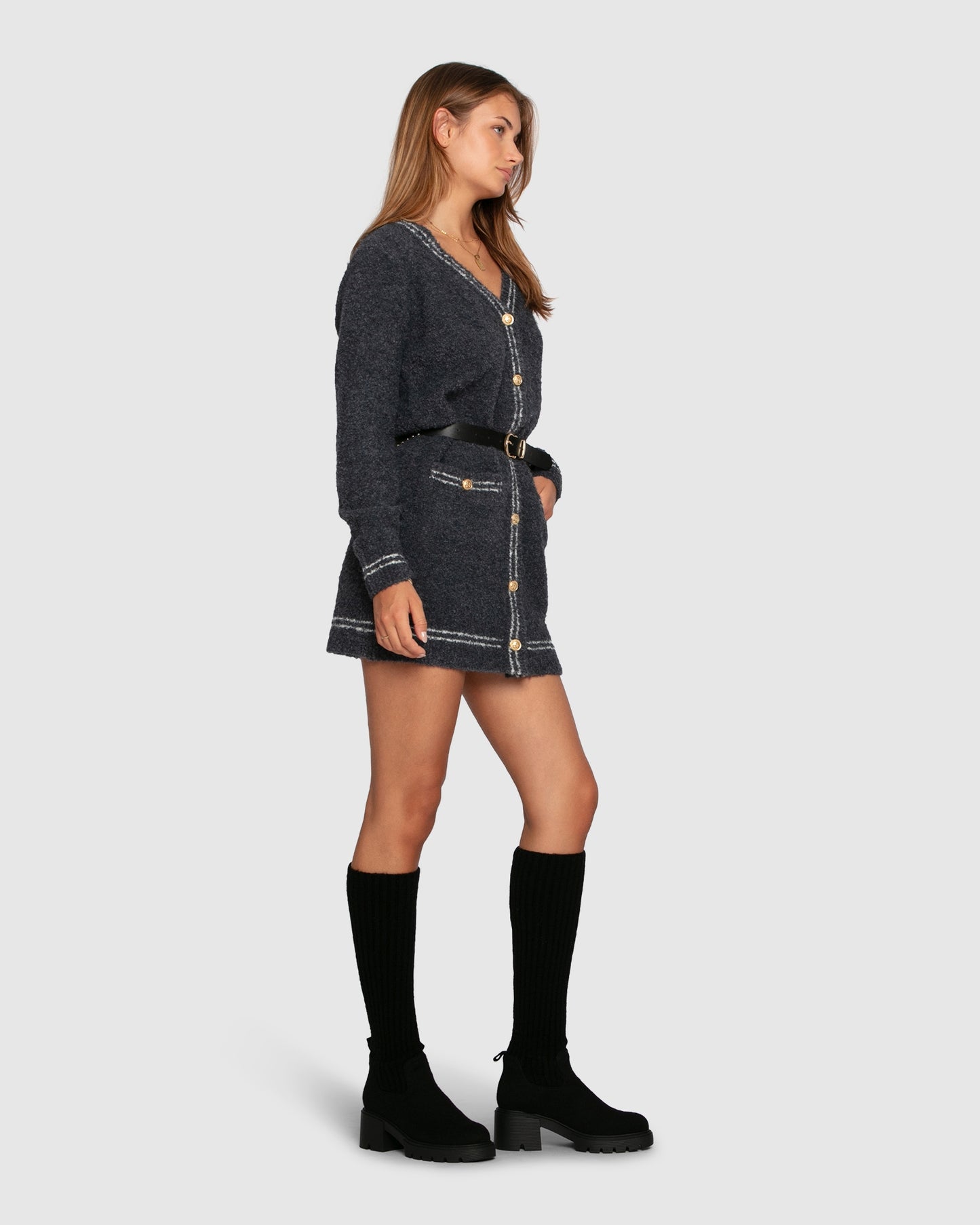 Cute In This Mini Cardigan Dress - Charcoal