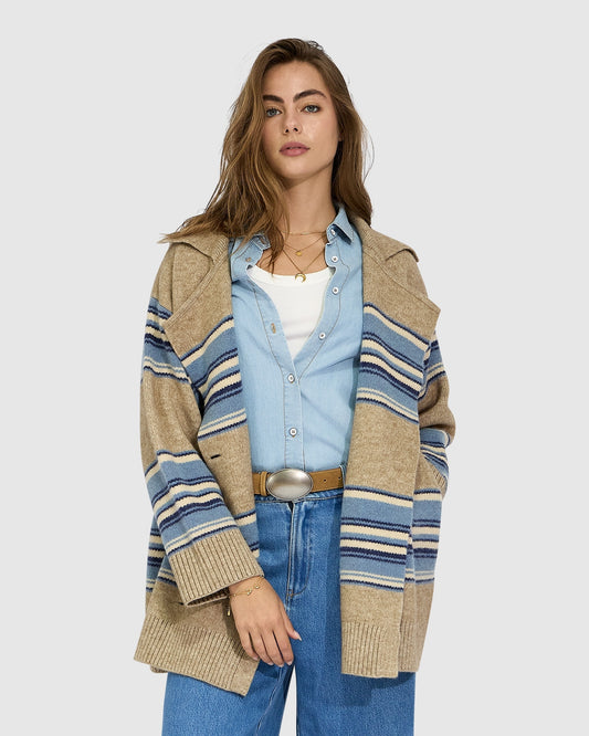 So Many Likes Oversized Knitted Cardi Coat - Beige/Blue