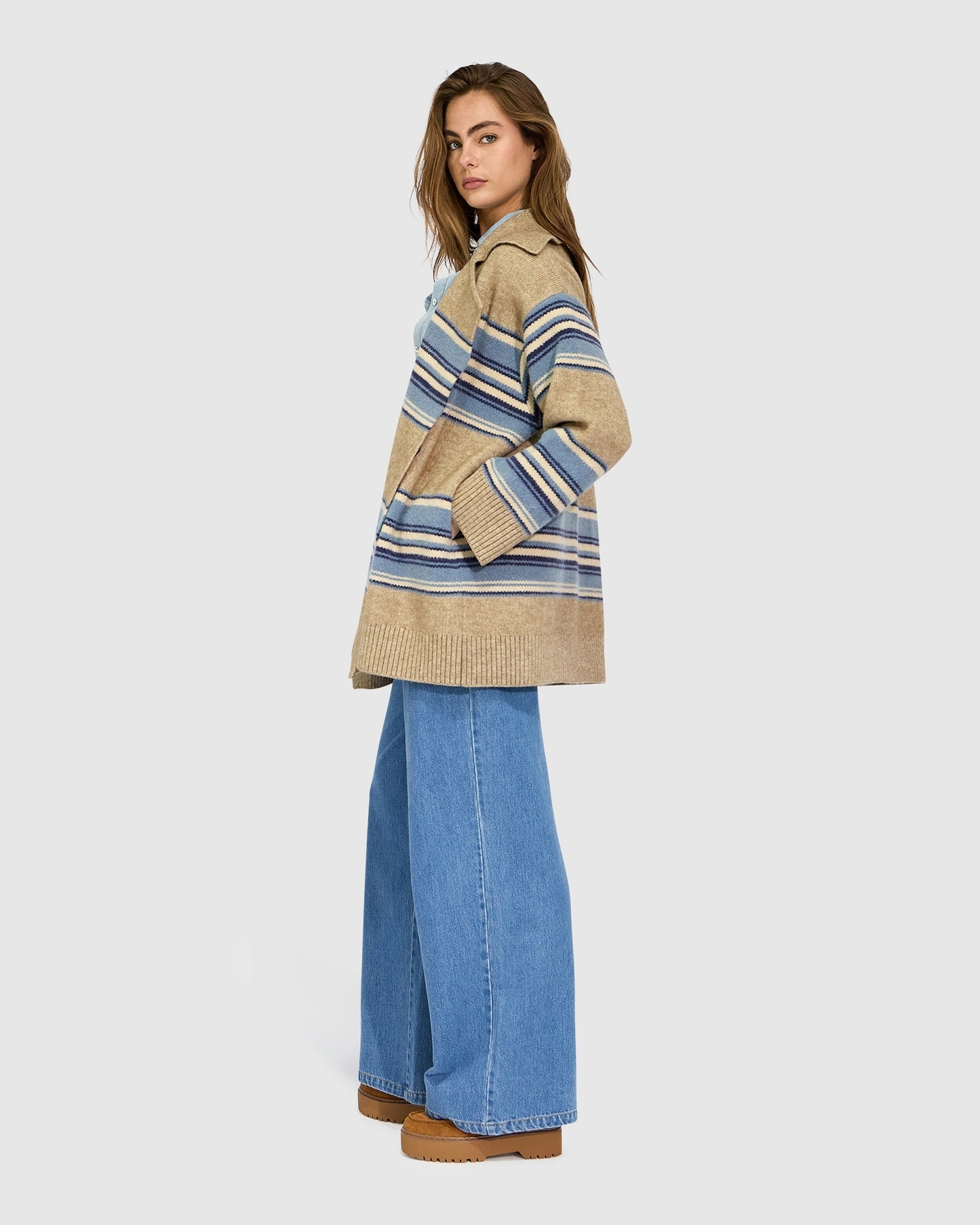So Many Likes Oversized Knitted Cardi Coat - Beige/Blue