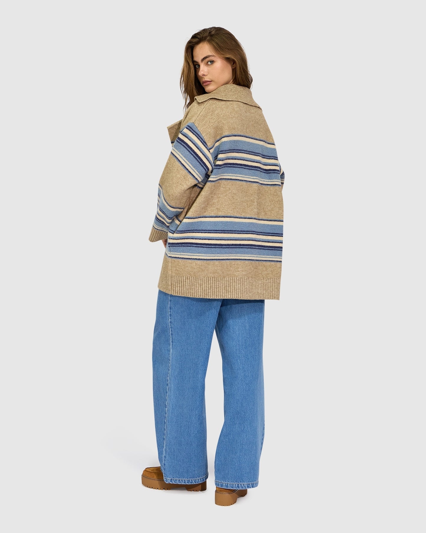 So Many Likes Oversized Knitted Cardi Coat - Beige/Blue