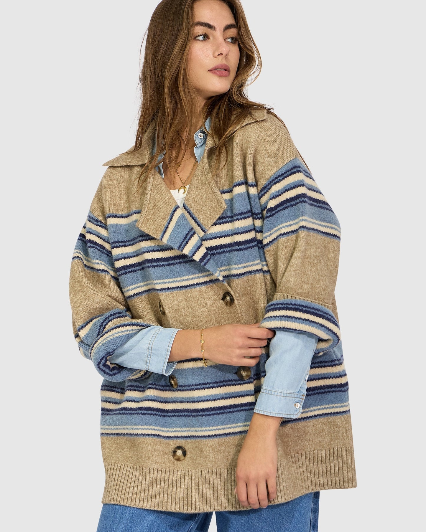 So Many Likes Oversized Knitted Cardi Coat - Beige/Blue