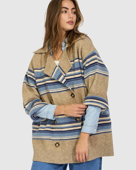So Many Likes Oversized Knitted Cardi Coat - Beige/Blue